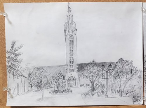 graphite drawing of the OCU Gold Star Building, 2024, by James M. Branum